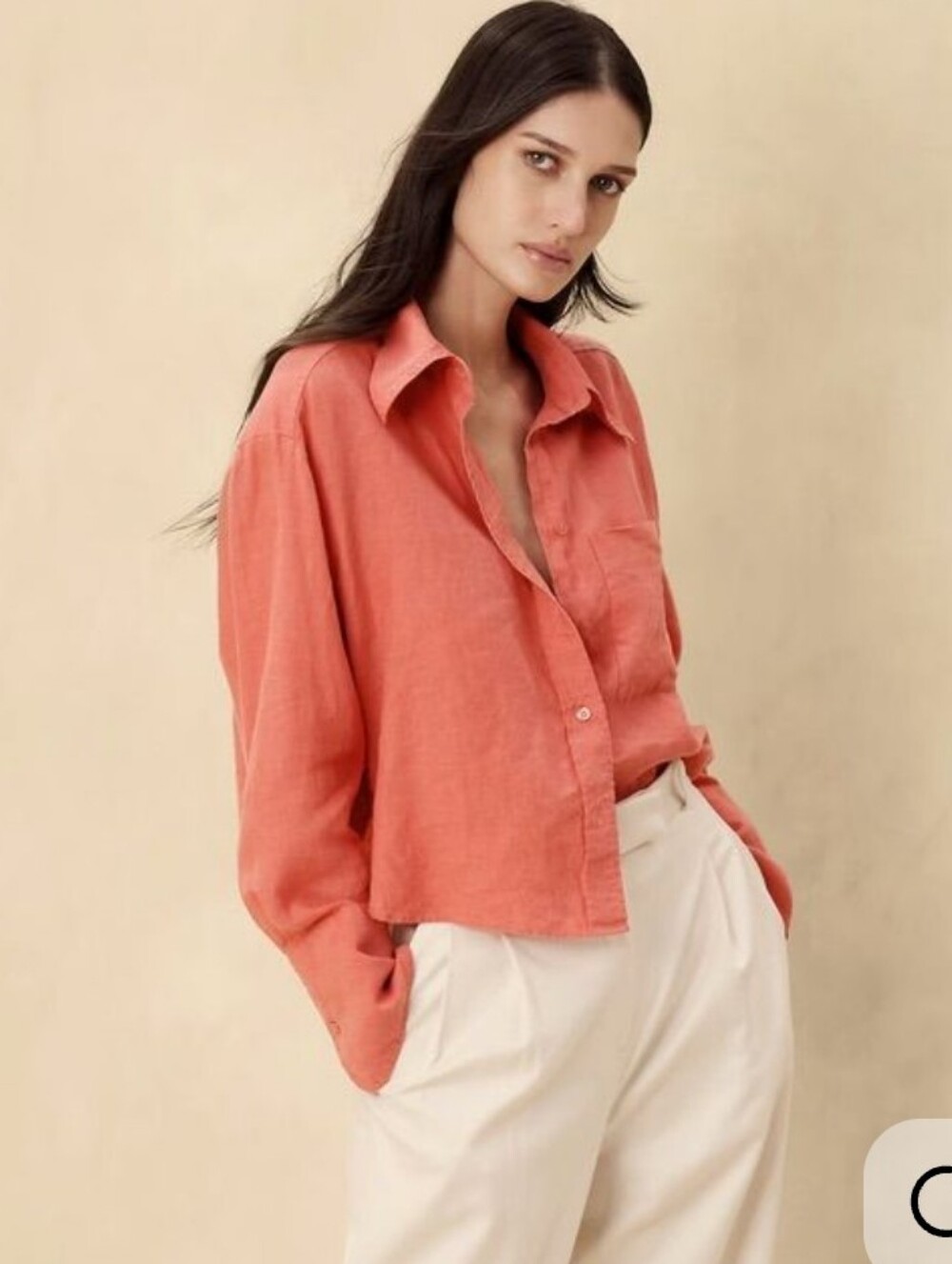Banana Republic Women's The Boxy Crop Linen Long Sleeve Shirt Coral Pink Large